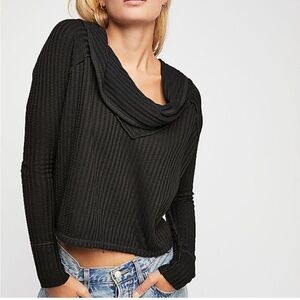Free People Black Ribbed Cowl Neck Top